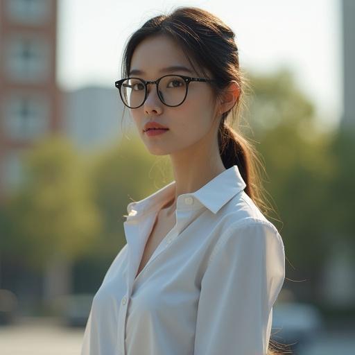 Photorealistic image of a 25 year old android woman standing outdoors. She wears glasses and modern casual clothing with subtle robot elements. The scene is lit with soft natural light.