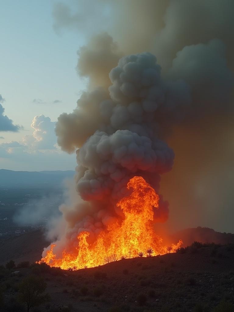 Fire raging on a landscape. Smoke rising and billowing into the sky. Bright flames illuminating the scene. Dusk setting enhances the fiery glow.