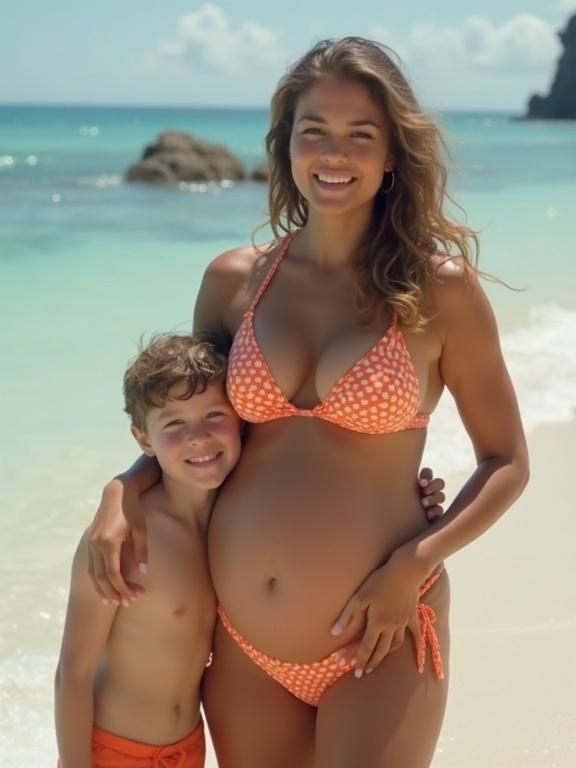 Family beach photo featuring a pregnant woman in an orange bikini and a shirtless boy hugging her. Shot at the beach with turquoise water and soft sand.