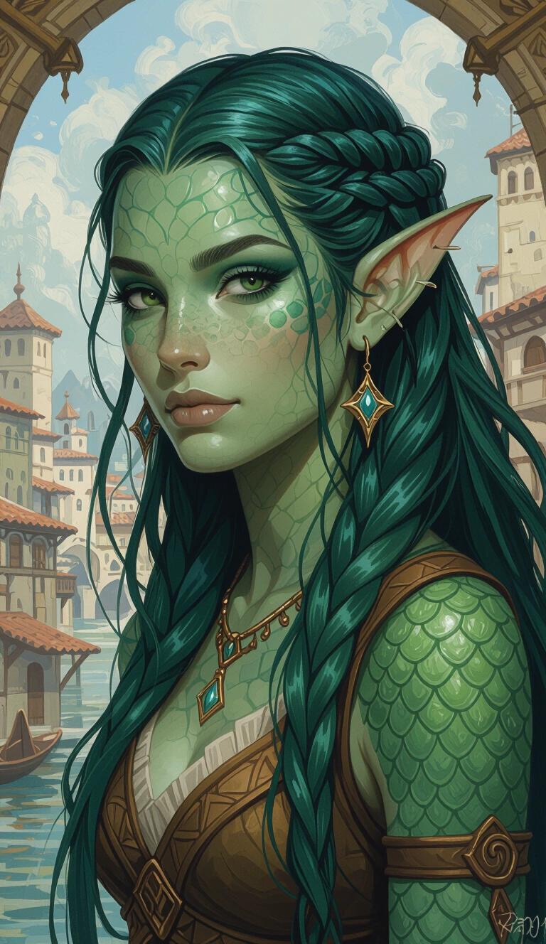 Oil painting style illustration featuring a young druidic fish-woman. Character has sharp finned ears. Skin is fully green-blue colored with fish scales. Background shows an ancient port city. Character wears Theros-inspired clothing. Hair is long and slicked back in green-blue shades.