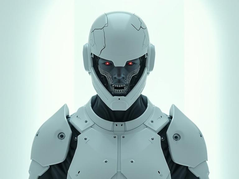 Armored figure enters a bright white room. The figure slowly removes a cracked helmet. The robotic face with blinking mechanisms is revealed. There is a shocking twist with a silent ending.