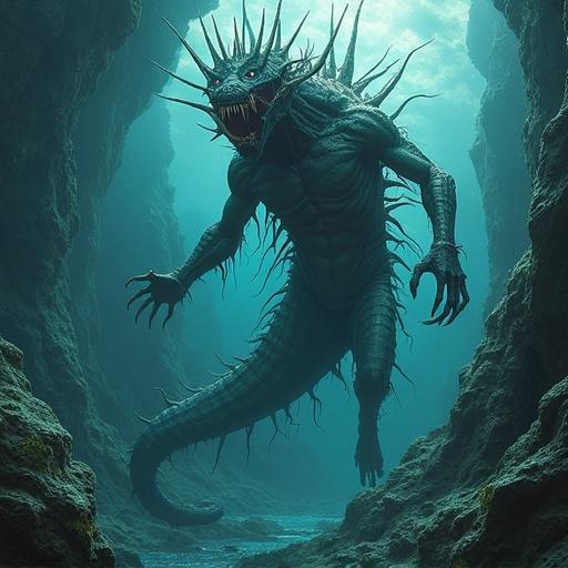 Realistic depiction of a Leviathan. The creature is in deep waters surrounded by shadows and rocky formations. It has multiple spines and menacing features, emphasizing its mythical essence. The environment is dark and eerie, suggesting a mystical ocean setting.