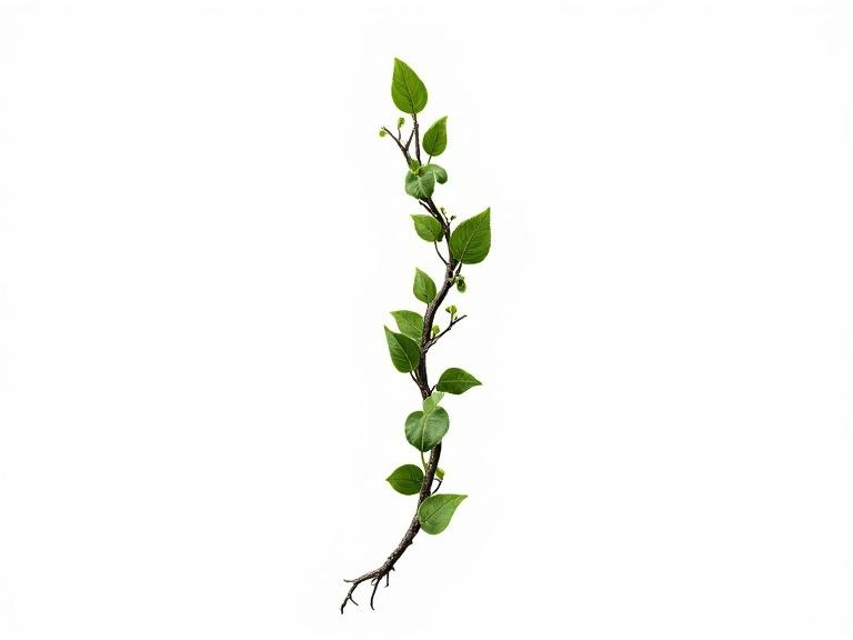 Twisted thick vine with various green leaves placed on a plain white background. The vine is visible from its base to leaf tips. The arrangement displays the natural form and texture of the vine.
