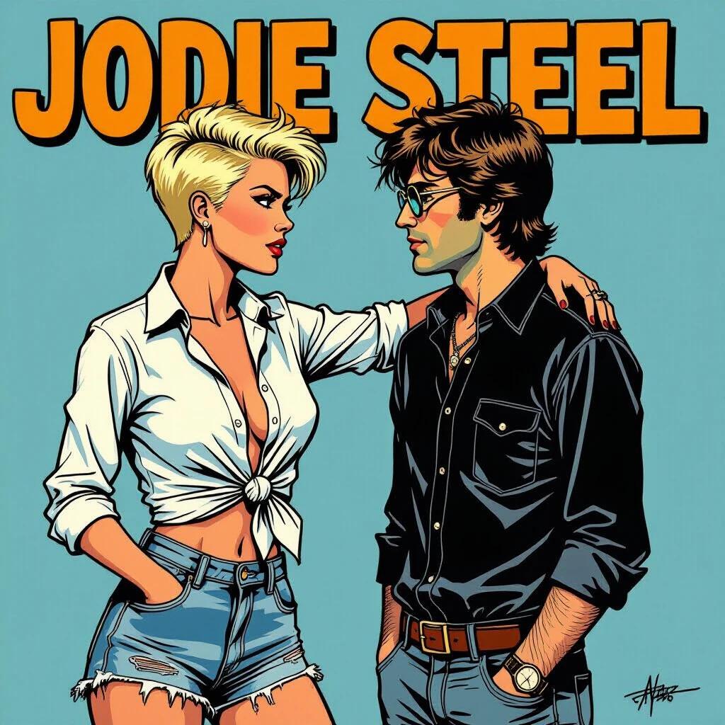Comic-style image with confident female figure. She has short punk hairstyle and wears an unbuttoned knotted white shirt. Faded ripped denim shorts complete her look. Background features motorcycle. Female character engages confidently with male character.