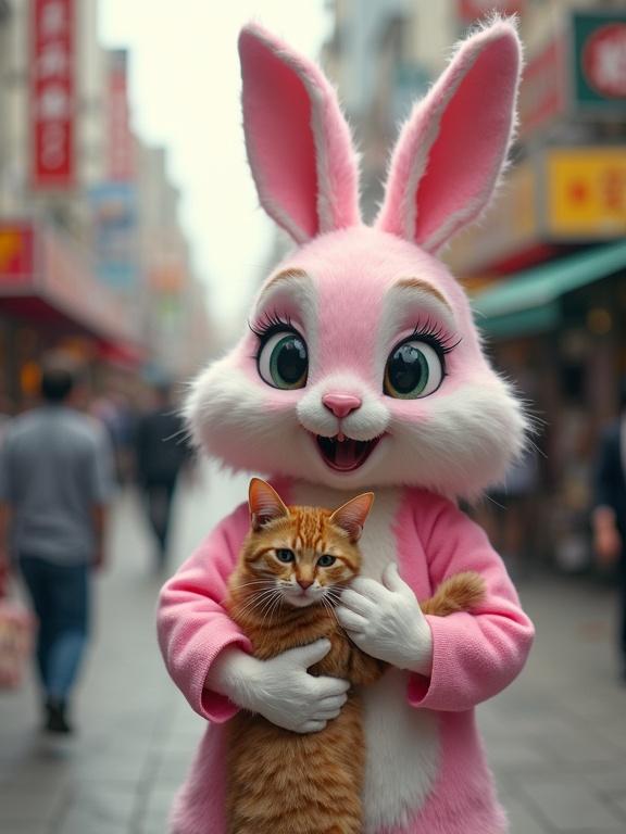 A large pink and white rabbit character holds a ginger cat in its arms on a busy street. The scene has a vibrant and slightly surreal quality. The background features other people walking in a lively urban environment.