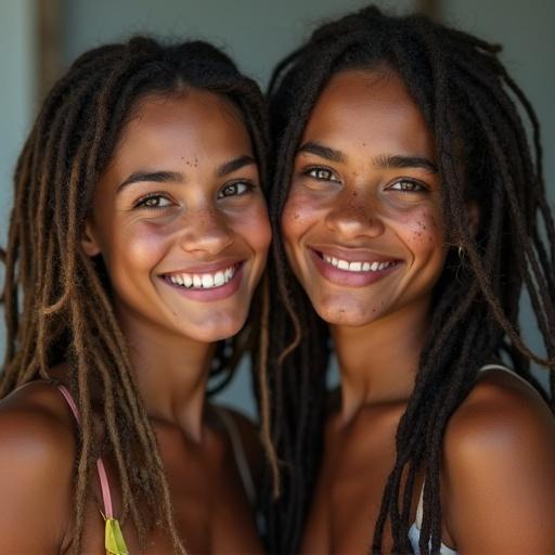 Two girls with light complexion feature very long blonde dreadlocks styled in a sportive manner. Both have freckles and captivating lips. Their expressions convey satisfaction and joy.