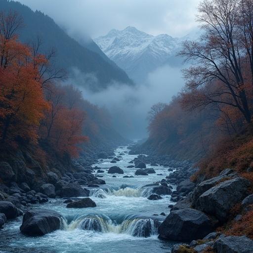 Hyper-realistic digital artwork depicting a well-detailed river flowing through a rocky valley The scene captures the Swiss Alps with autumn foliage The atmosphere is foggy and ethereal with a dark background