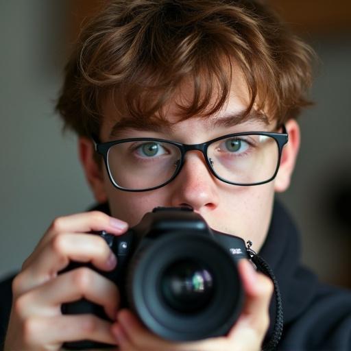 Teenage boy holds DSLR camera. Light brown hair and glasses. Close-up shot. Focus on expression and camera details.