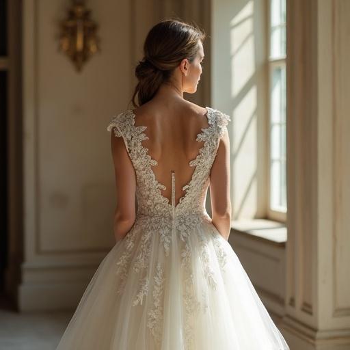 A bride stands in softly lit setting. She wears stunning wedding dress with intricate lace details. The scene conveys elegance and romance.