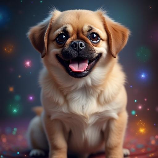 Image of a magical-looking puggle dog with a joyful expression. The dog has a light brown coat and big, expressive eyes. A whimsical background with colorful sparkles adds to the magical theme.