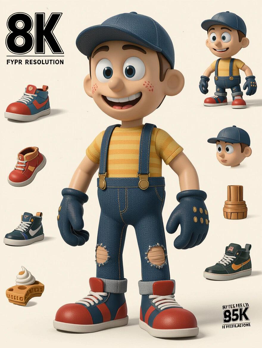 Ultra-high resolution hyper-detailed character designed for streetwear. Full-body pose with classic cartoon proportions. Modern photorealistic textures resembling plush or vinyl. Detailed gloves shoes and face with glossy reflections. Clothing reimagined in streetwear aesthetics. Designed for sublimation with maximum contrast and clarity.
