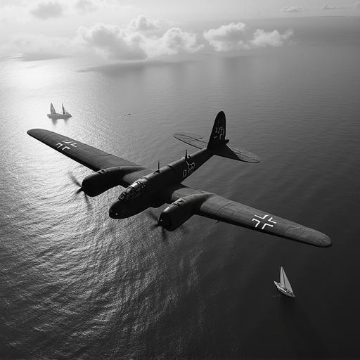 A World War 2 German bomber plane flies over the ocean. A sailboat is visible below. The scene is shown from a top-down perspective. This is a black and white image with realistic details.