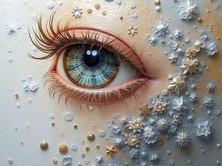 Detailed close-up of an eye with mixed media elements. Features splashes of milk, glitter, and textures from materials like newspaper and jute. Includes elements like scratches and tears for a layered effect. Art combines fantasy and realism.