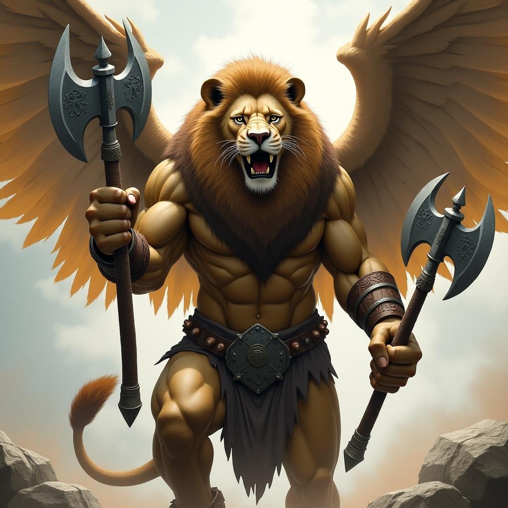 The image showcases a powerful humanoid lion standing majestically. This lion has magnificent wings that expand from its back, symbolizing strength and freedom. In its hands, it holds a large axe, showcasing its readiness for battle. The muscular physique of the lion emphasizes its warrior nature, and the detailed fur adds to the realism. The background features a dramatic sky, enhancing the overall epic feel of the scene. This artwork blends elements of mythology and fantasy in a striking manner.