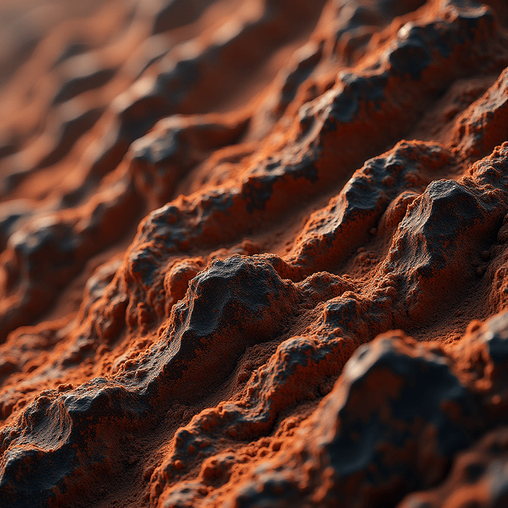 A close-up of textured terrain resembling a rugged landscape with deep shadows and vibrant orange tones.