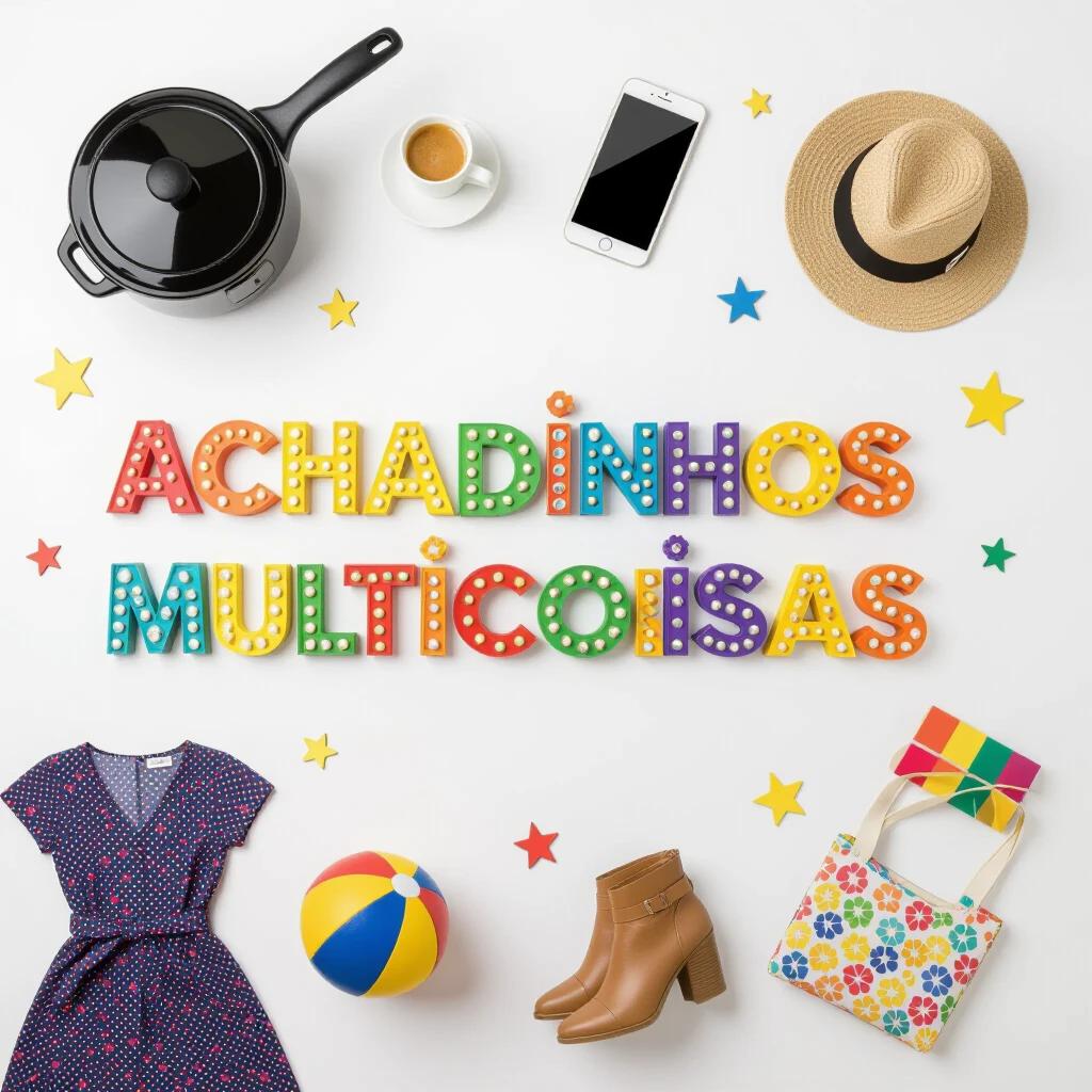 Create an Instagram image featuring a sign that reads Achadinhos Multicoisas. The letters should be vibrant, highlighted with shadows and colors. Surrounding the sign, include realistic images of a stylish electric pot, a modern smartphone, a toy, a household appliance, a beautiful dress, a ball, women's boots, a hat, and a bedding set. The image should be sophisticated and realistic, promoting a variety of products for sale.