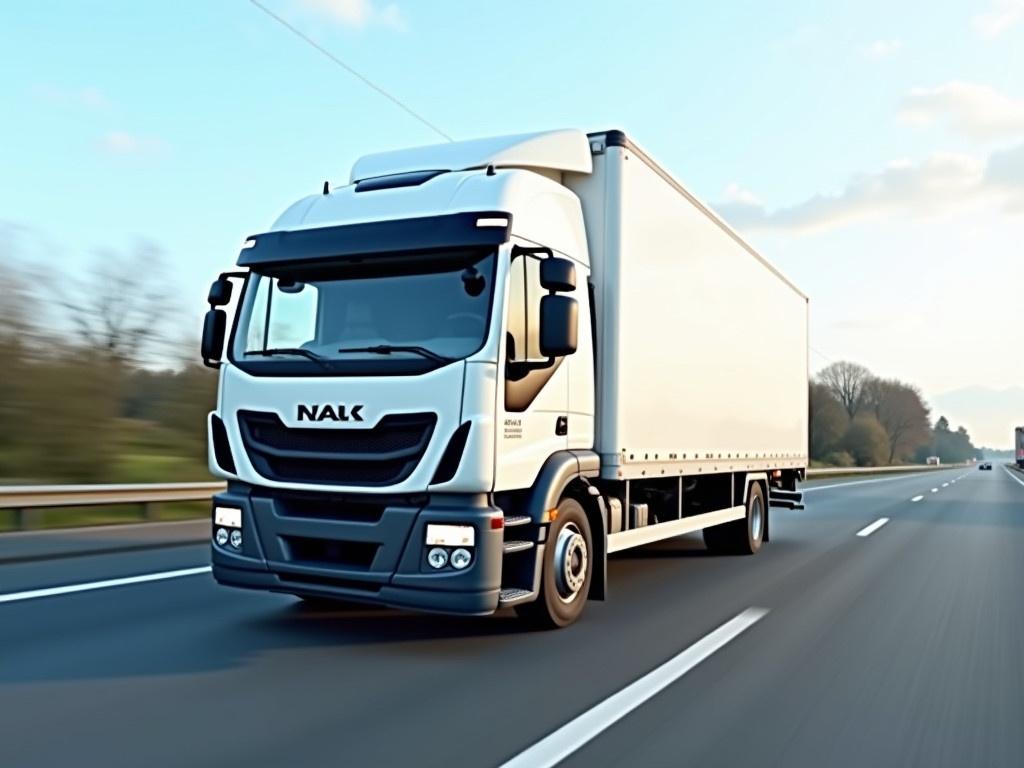 The image features a large white truck driving on a highway. It conveys a sense of speed and efficiency, symbolizing delivery services. The road is marked with white lines, emphasizing the lanes. The truck appears to be in motion, suggesting fast transport. The surrounding environment is slightly blurred to enhance the feeling of speed.