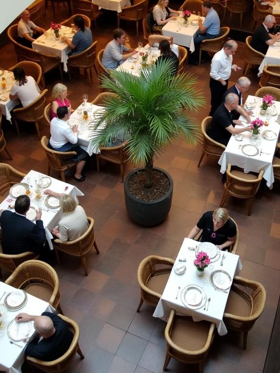 High-angle photograph of a bustling restaurant interior. Numerous tables are covered in white tablecloths. Each table is set with plates and cutlery. Diners are in wicker chairs. The floor has a checkerboard pattern. Potted plants with pink flowers are present. A central potted palm stands out. Warm lighting creates a cozy atmosphere. Waitstaff are visible attending to diners.