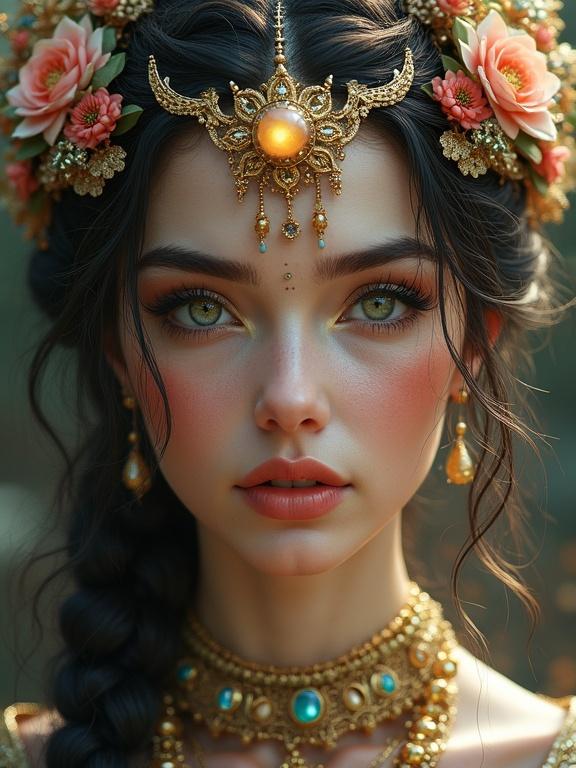 Portrait of a goddess symbolizing elements. Intricate details and hyperrealistic aesthetics. Captivating gaze and ornate jewelry.