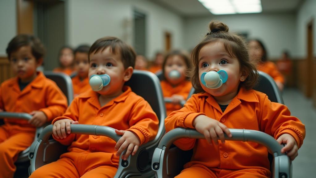 Children are in a courtroom wearing bright orange jumpsuits. Each child sits in a futuristic stroller with a pacifier in their mouth. They gesture with pride towards their pacifiers. Mothers are in a cage observing this unusual scene. The interest focuses on the emotional contrast.