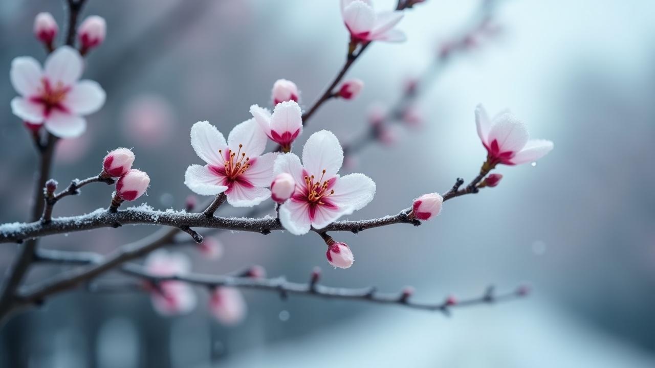 The image captures the serene beauty of plum blossoms blooming at the beginning of winter. Branches adorned with delicate white petals and pale pink buds are prominently featured. Tiny frost beads cling to the petals, reflecting the chilly atmosphere. The overall tone is cool and quiet, conveying a sense of resilience and vitality amidst the cold. This scene beautifully showcases the unique charm of plum blossoms in winter.