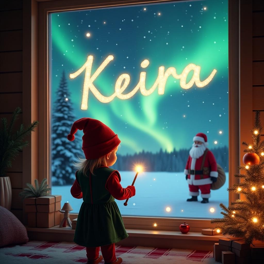 Cozy room with a little girl dressed as an elf facing the window. She holds a wand and writes 'Keira' in light against a night sky. Outside, northern lights glow over snow. Santa Claus is distant with gifts. Scene has festive decorations and snowflakes.