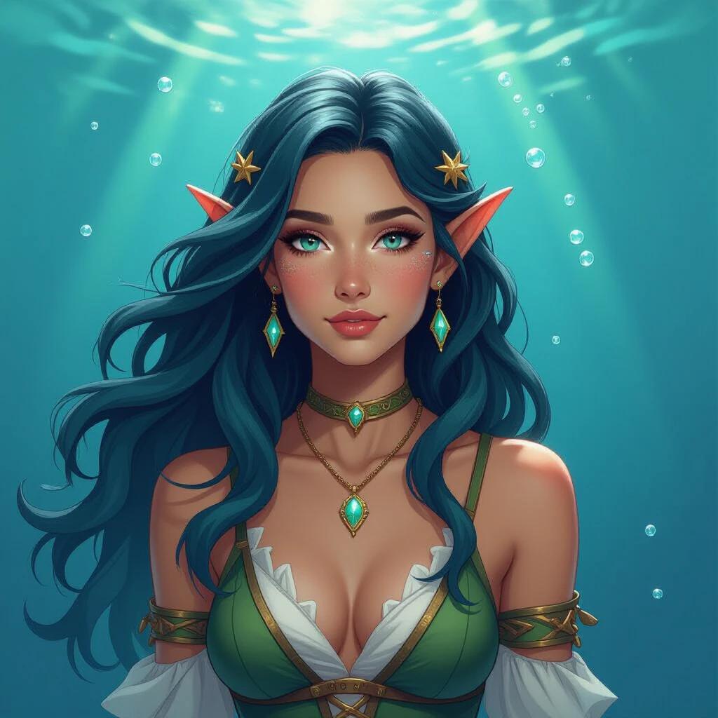 Female Triton character representing a Druid of the Circle of the Stars. Dark blue and green hair. Celestial elements themed. Character from a merchant family. Late teen appearance. Realistic design. Features include blue-green scaled skin, finned ears, and fish-like characteristics. Attired in a Greek-inspired outfit with a gritty aesthetic. Exhibits interest in reading the stars.