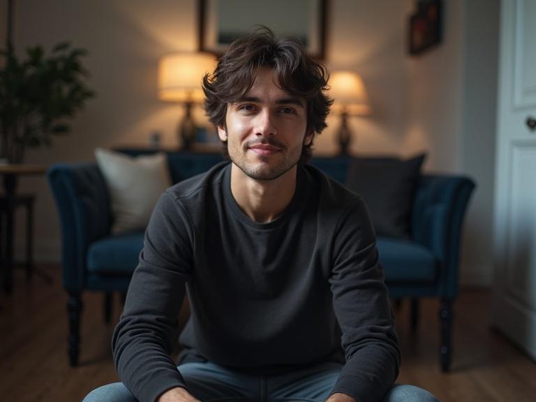Hyper realistic professional YouTuber sitting straight in his setup room with soft lights looking straight to camera.