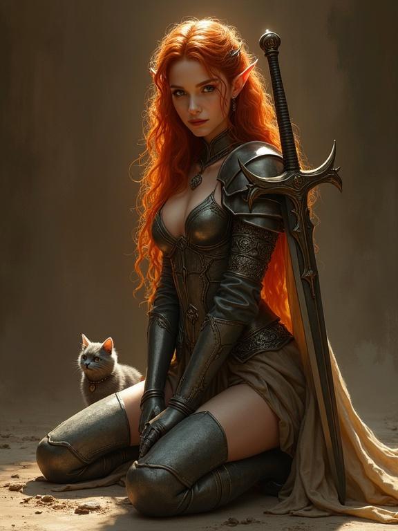 A photorealistic fantasy art image features an elf woman kneeling. She has long curly red hair and pointy ears. Intricate elven armor adorns her body, and she holds an ornate longsword. A small gray cat with a necklace sits beside her. The artwork is lit with warm, dramatic lighting that enhances the rich color palette with earth tones. The scene has a dark, moody atmosphere and shows intricate details in both the armor and the sword, captured in sharp focus with a soft skin texture.