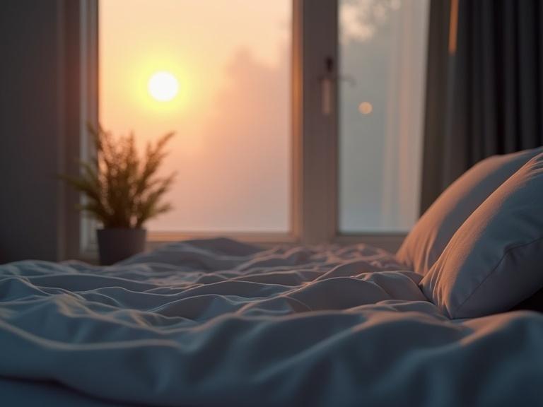 A serene bedroom scene with a neatly made bed in soft white bedding. A soft-focus window shows a gentle sunrise. In the foreground, a plant adds a touch of green. The atmosphere feels calm and modern. Light from the sunrise creates a warm glow in the room.