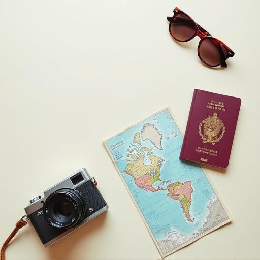 Minimalist flat-lay of travel essentials arranged on a light background. Items include a passport, sunglasses, camera, and a map. Focuses on travel and adventure themes.