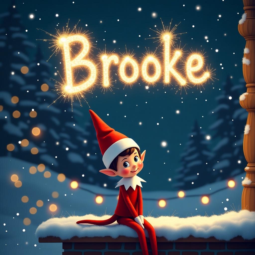 A magic-filled night scene featuring an elf character from Elf on the Shelf. The elf is sitting on a snowy ledge, wearing a bright red outfit and a playful expression. Above the elf, the name 'Brooke' is beautifully written in the sky using sparkling lights. The backdrop includes softly glowing Christmas lights and a serene winter landscape with snow-covered trees. The overall atmosphere is enchanting and cheerful, perfect for the holiday season.