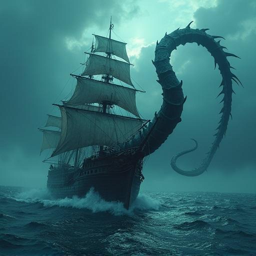 Pirate ship sails through stormy seas under dark clouds. Huge kraken emerges from the water, attacking the ship. Tension and drama surround the scene.