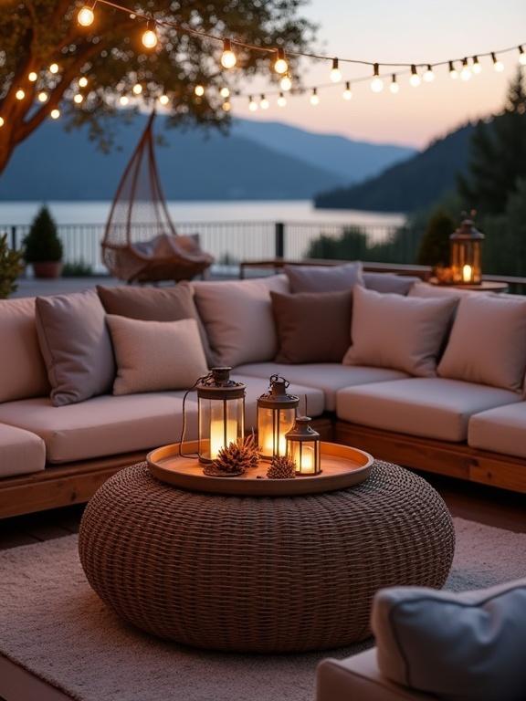 Beautifully styled outdoor lounge on a lakeside deck during twilight. Cozy atmosphere created with soft lighting and natural textures. Focus on a woven round coffee table and sectional sofa. Soft glow from lanterns. String lights enhance the vibe. Earthy tones and natural elements present. Perfect spot for evening gatherings or serene relaxation.