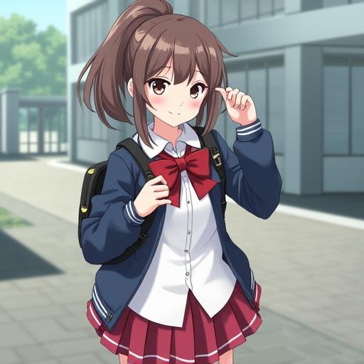 Illustration of a schoolgirl character in casual clothing. The character has a ponytail and a red bow. Standing outside a school environment with a background focusing on buildings.