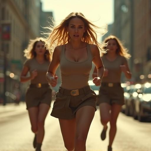 Image captures a young blonde woman in a low-neck top and short skirt running towards the camera. She appears determined. Two women in uniform chase her from behind in an urban setting. The scene is dynamically lit and focuses on motion.