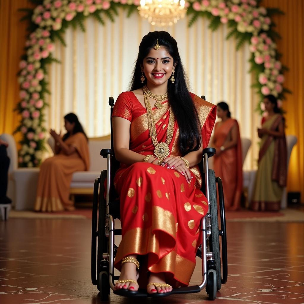 Young bride in a wheelchair wearing red banarasi saree. She has golden jewellery and fair skin. Beautiful long black hair, red lipstick, and red nail polish. Legs on footrest. Smiling gently. Full body visible. Background has marriage ceremony decorations.