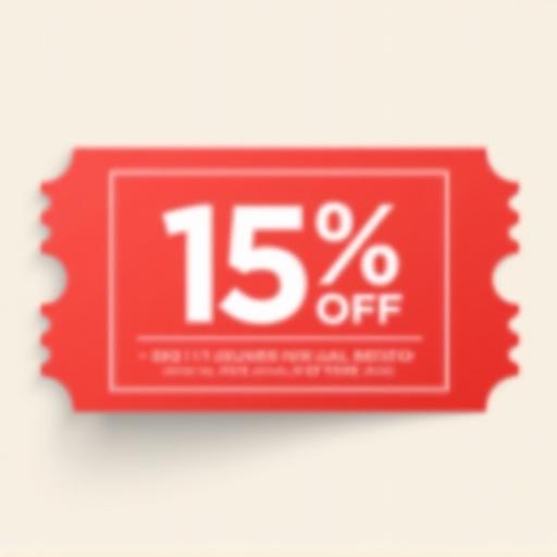 Red coupon ticket features bold white text that reads '15% OFF' centered on the ticket. Modern sans-serif font is used. Clean design and realistic paper texture present. The edges are rounded or perforated. The overall look is minimalistic. The background is neutral and isolated with no logos or additional text. High contrast is maintained in a horizontal layout. The image appears to be a photorealistic 3D render.