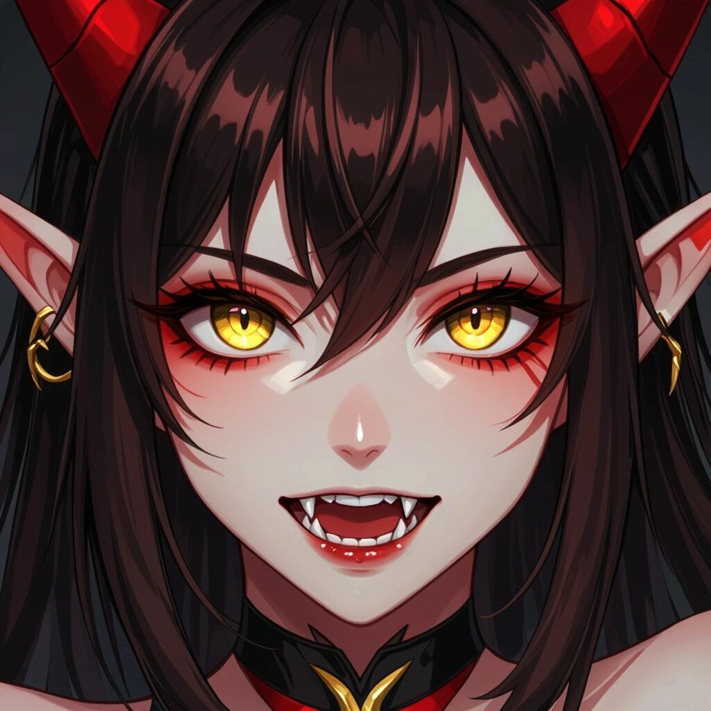 Close-up of an anime-style female demon elf. Bright crimson skin, golden eyes with black sclera. Brown hair with bangs. Slightly open mouth showing sharp teeth.