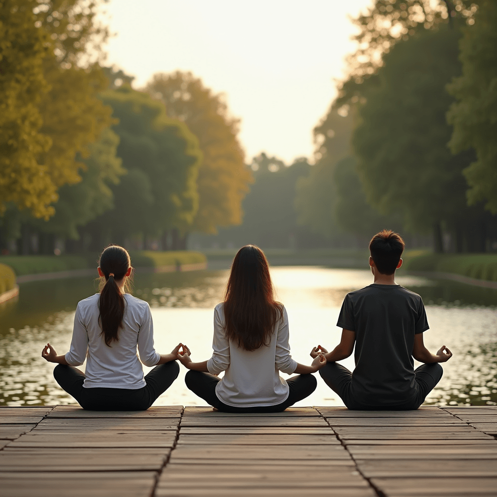 Three people meditate on a wooden deck by a calm lake at sunset.