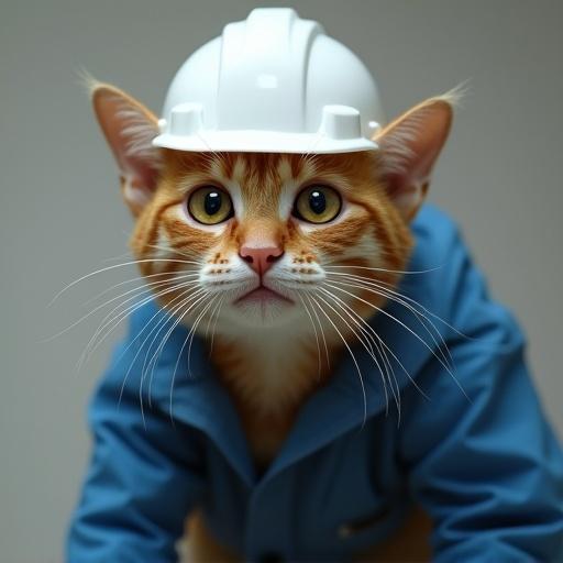 A semi-realistic cat wearing a white hard hat and blue work jacket with a scared expression and wide eyes. The cat appears crouched with ears pinned back and trembling.