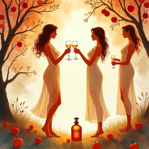 Three ethereal venus goddesses in a sunlit orchard. Apple trees surround them. They wear flowing short sundresses. They raise cocktail glasses in a toast. An apothecary-style bottle of 'ALFRUNO' glows below.