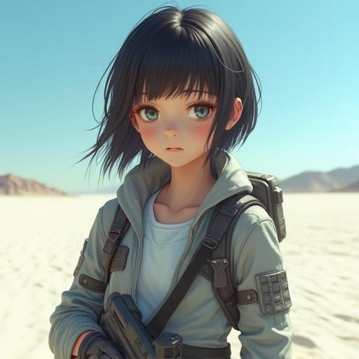 Sci-fi female soldier stands in a white desert. Dark hair short. Wears a grey jacket and white t-shirt. Grey pants and boots. Holds a gun with a strap. Background includes an obstacle course under a sunny blue sky.