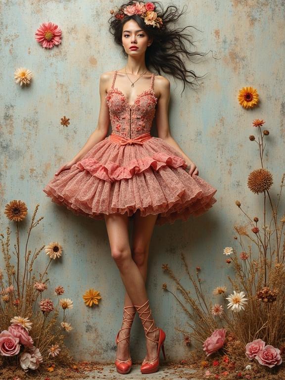 Full body model in a peach floral dress with high heels posed against a textured blue background. The dress features intricate details with various fabrics, floral patterns, and textures. Surrounding dried flowers add to the artistic feel.