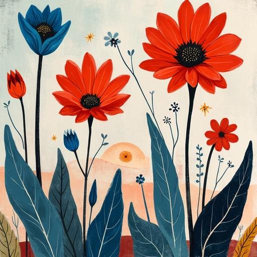 Boho Art featuring flowers in blue, red and white against a sunset background. Mid-Century Modern design suitable for Digital Download and Home Decor, ideal as a festive gift.