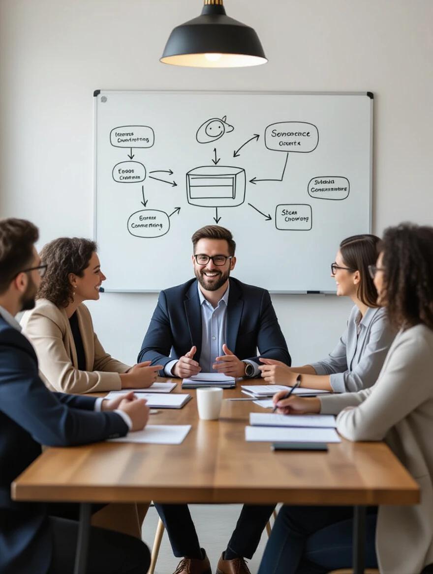 Group of professionals engaged in discussion around a table. Whiteboard shows diagram explaining steps. Everyone appears focused. Mood is empowering and solution-focused.