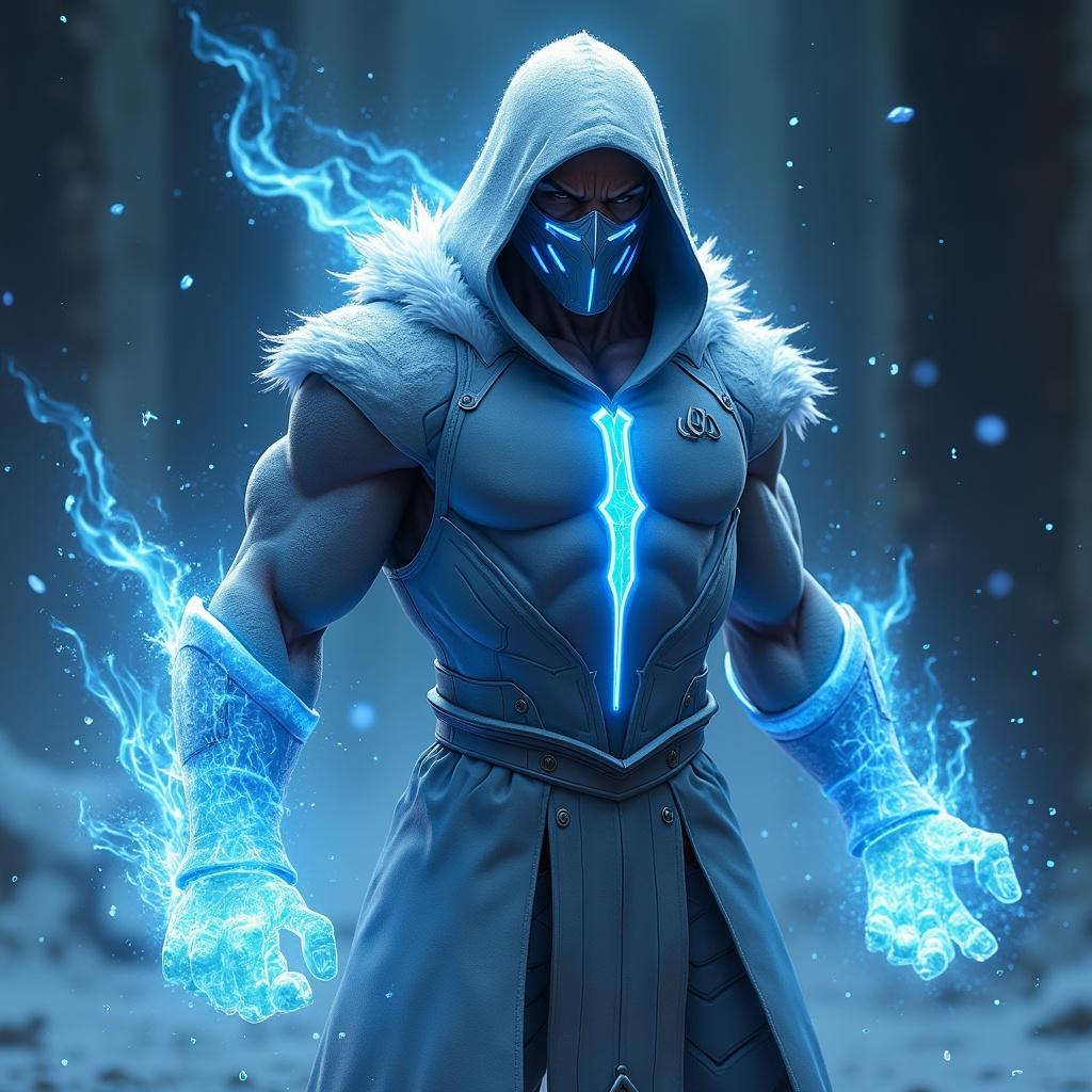 Sub-Zero character in a fantasy setting. Character has blue energy around his hands. Background features cold tones and mystical elements.