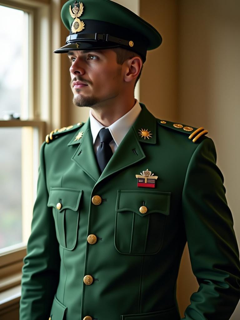 A guy in a green military-style uniform with a cap, standing indoors near a window, capturing a blend of authority and style.