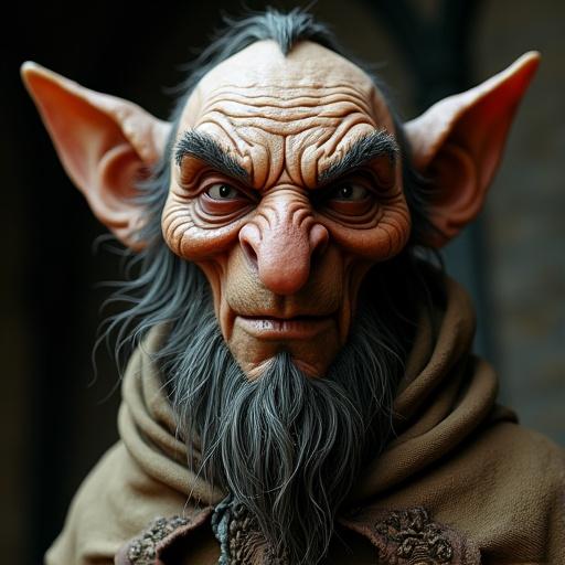 Bust of a magical creature resembling a gnome with wrinkled skin and long pointed ears. The creature has a crooked nose small gleaming eyes and thick eyebrows. Wears a tattered cloak with ancient embroidery and an aged bronze brooch. The style is realistic cinematic with moody lighting and a dark background.