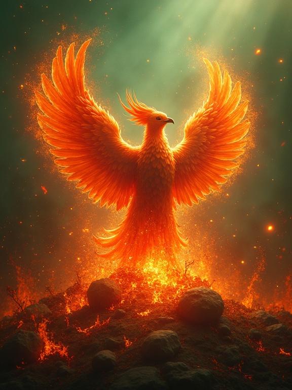 A phoenix-like figure rises from glowing embers. Surrounding elements include swirling vines and clocks to illustrate regrowth. Color palette features fiery oranges and greens. The artwork creates a surreal and epic impression.